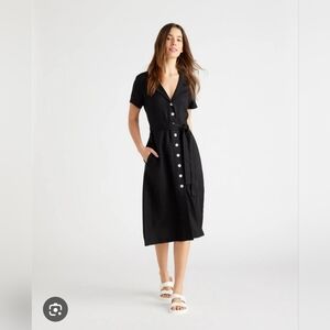 NWT Quince Womens Shirt Dress Black Belted Notch Lapel Short Sleeve 100% Linen